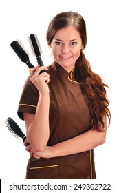 Professional Hairdresser Holding Brushes