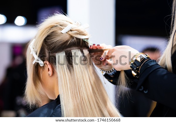 Professional hairdresser making hair extensions for\
blonde girl in a beauty\
salon