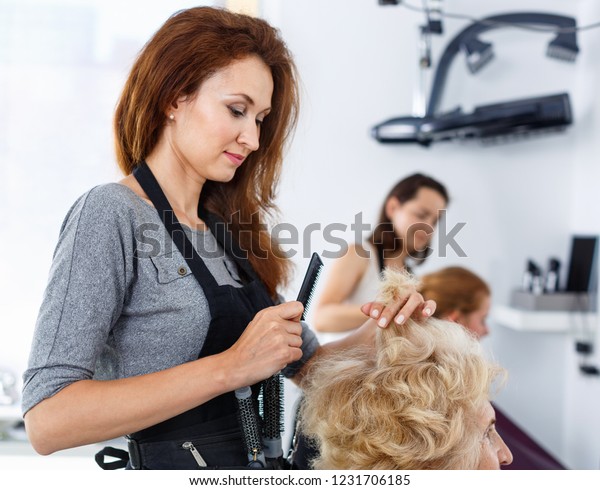 Professional Hairdresser Making Hairstyle Elderly Female
