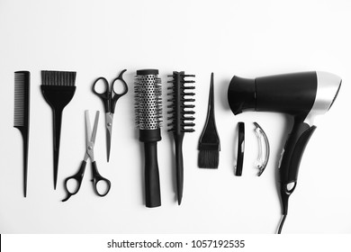 Professional Hairdresser Tools On White Background