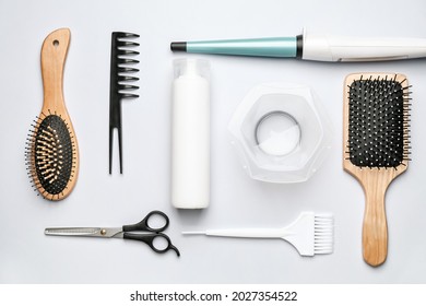 Professional Hairdresser Tools On White Background, Flat Lay