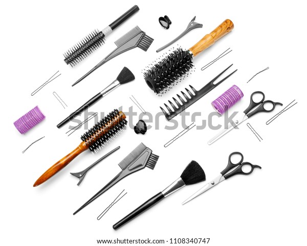 Professional Hairdressers Supplies On White Background Stock Photo