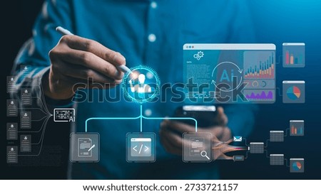 Professional hand directing complex AI multi agent orchestration workflow. System displays data analysis, coding assistance, HR managerial labor automation screens. SaaS enterprise digital solution