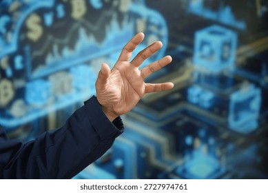 A professional hand gestures digital interface, symbolizing the future of fintech and blockchain. Radiant blue circuitry and financial data represent seamless innovation in the modern global economy.