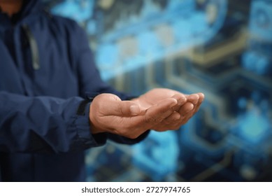 A professional hand gestures digital interface, symbolizing the future of fintech and blockchain. Radiant blue circuitry and financial data represent seamless innovation in the modern global economy.