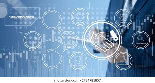 Professional hand interacting with digital network illustrating corporate governance transparency accountability ethics and stakeholder management concepts