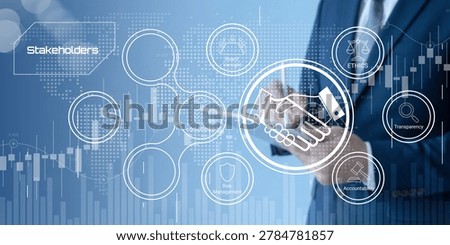Professional hand interacting with digital network illustrating corporate governance transparency accountability ethics and stakeholder management concepts