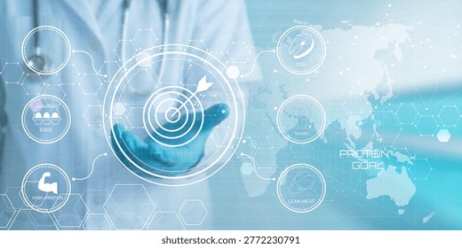 Professional hand pointing at digital interface illustrating global protein sourcing and sustainability goals with futuristic icons