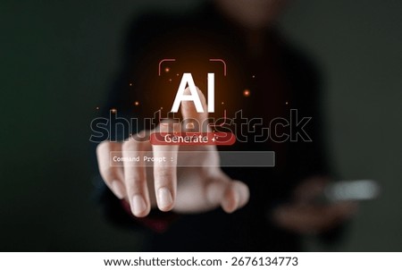 Professional hands touching AI interface with generate button and command prompt input field in red frame. Artificial intelligence content generation and creative automation technology concept.