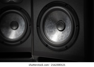 Professional hi fi speakers in sound recording studio. High fidelity speaker box for musician. Curated collection of royalty free photos and pictures for wallpaper design background 