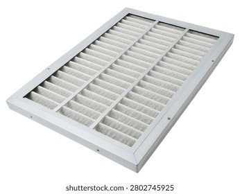 A professional, high-angle shot of a rectangular ventilation air filter featuring a sturdy metallic aluminum frame and structured mesh. The industrial HVAC component is cleanly isolated on a transparent background.