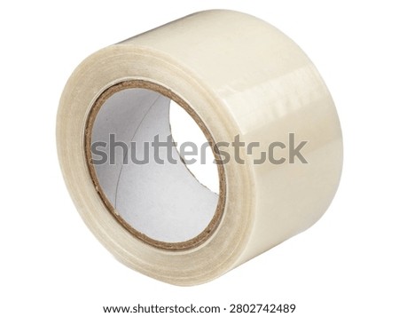A professional, high-angle studio shot of a single roll of transparent adhesive packaging tape from ultra-realistic-photo-adhesive-tape-roll-one-objec.jpg. The object features a glossy, semi-translucent material wrapped around a cardboard core, cleanly isolated on a transparent background.
