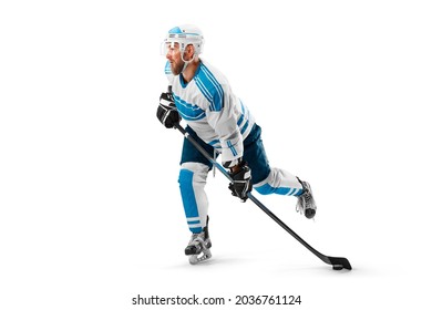 Professional Hockey Player In The Helmet And Gloves On White Background. Side View. Sport Concept. Athlete In Action