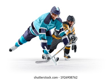 Professional Hockey Player Skating On Ice. Isolated In White