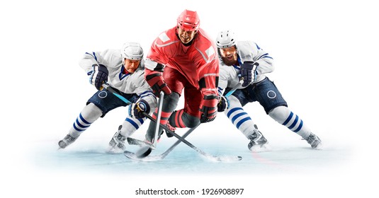 Professional Hockey Player Skating On Ice. Isolated In White