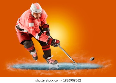 Professional Hockey Player Skating On Ice. Isolated On Orange