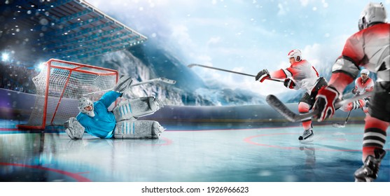 Professional hockey player skating on ice. Isolated in white