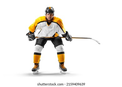 Professional hockey player. Sports emotions.Isolated on the white. Hockey player in the helmet and gloves on white background - Powered by Shutterstock