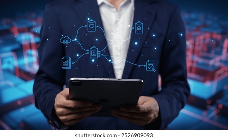 A professional holding a tablet showcasing a modern document storage system. The graphic highlights digital access and connectivity in a tech-driven workspace. - Powered by Shutterstock