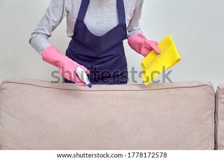 Professional house cleaning. A girl in gloves applies cleaning agent to the sofa