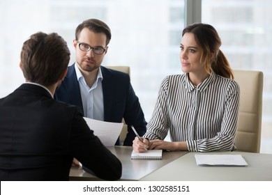 Professional Hr Recruiting Company Managers Holding Resume Interviewing Job Applicant, Employers Recruiters Listen Seeker At Interview Make Hiring Decision At Employment Negotiation, Staffing Concept