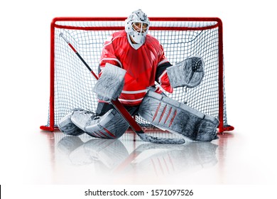 Professional ice hockey goalkeeper or goalie or goaltender isolated on white backgroung