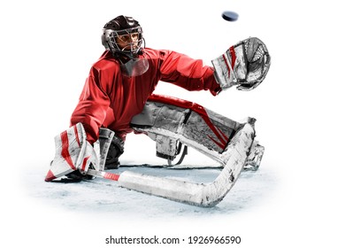 Professional Ice Hockey Goalkeeper Or Goalie Or Goaltender Isolated On White Backgroung