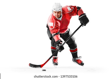 Professional Ice Hockey Player In Action On White Backgound