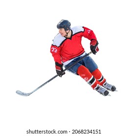 Professional ice hockey player on defending position on the rink. Isolated image on white