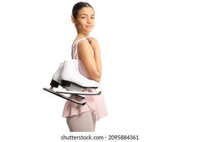 Professional Ice Skater Carrying Ice Skates On Her Shoulder Isolated On White Background