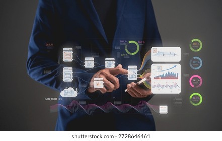 A professional individual interacts with digital data visuals, showcasing analytics and insights through futuristic technology.