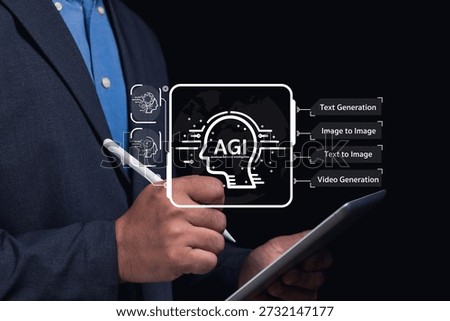 A professional individual interacts with a digital interface showcasing AGI capabilities, including text and image generation features.
