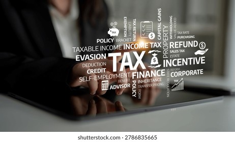 A professional individual interacts with a touchscreen tablet displaying key financial terms related to tax preparation, reflecting modern finance practices and strategies. Tessel