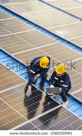 Professional inspecting solar panel installations on a rooftop ensuring renewable energy efficiency and sustainability practices highlighting clean energy technologies and environmental benefits.