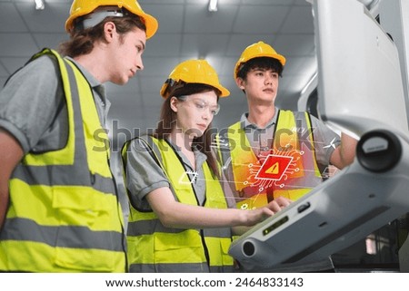 Professional and intelligence engineers used technical hard skill to fix, repair or maintenance an error system machine robotic arm in factory or industrial, examining or welding automobile workshop