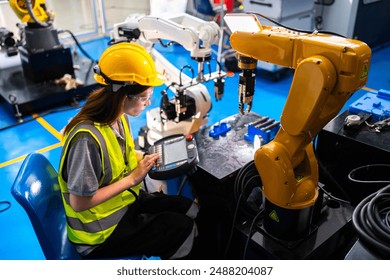 Professional and intelligence female engineer used her technical hard skill to fix, repair or maintenance machine robotic arm in factory or industrial, examining or welding automobile machine workshop - Powered by Shutterstock