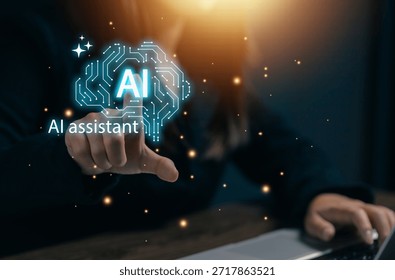 A professional interacts with an AI assistant interface featuring a digital brain icon, representing artificial intelligence, smart automation, virtual assistants, and future business technology.