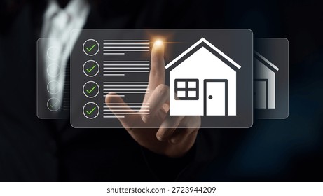 A professional interacts with a digital interface displaying checklist and house icons, emphasizing technology role in effective property management and real estate solutions. Gantry