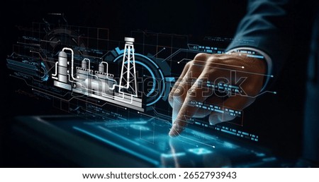 A professional interacts with a digital interface showcasing a futuristic visualization of the oil and gas industry, highlighting technology and energy management innovations.