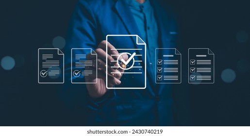 A professional interacts the interface of checkmarked documents, signifying futuristic data management. Verifying the validity, approving requests, quality assurance, Online digital document work.