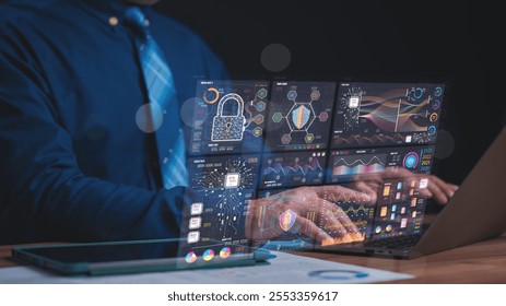 Professional interacts with sophisticated digital interface, data analytics and cybersecurity metrics to ensure robust system protection and informed decision-making processes - Powered by Shutterstock