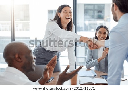 Professional, introduction and shaking hands at the office during a meeting with applause. Business person, welcome and congratulation for a collaboration in the workplace for hiring and teamwork.