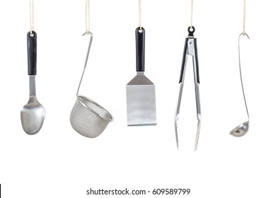 Professional Kitchen Utensils On White Background Studio Shot