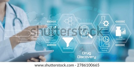 A professional in a lab coat interacts with a digital tablet displaying the stages of drug discovery including target identification compounds screening optimization preclinical testing and drug development