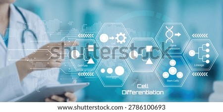 A professional in a lab coat interacts with a tablet displaying a digital flowchart of cell differentiation stages including gene expression lineage and stem cells development