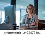 Professional, lawyer or woman in portrait with computer, case research and confidence with smile. Office, female attorney and desktop for corporate firm, legal service and labor law employee at night