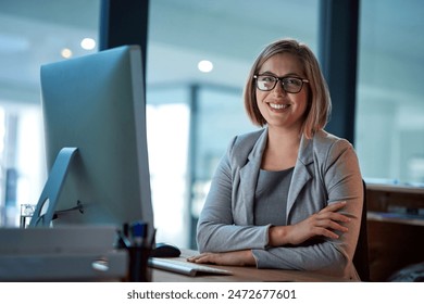 Professional, lawyer or woman in portrait with computer, case research and confidence with smile. Office, female attorney and desktop for corporate firm, legal service and labor law employee at night