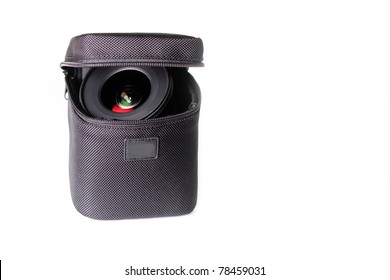 A professional lens case containing a lens inside, over white background