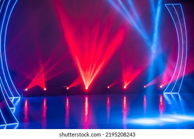 Professional lighting equipment lies on the floor of the stage in the concert hall. - Shutterstock ID 2195208243