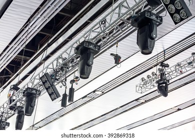 Professional Lighting Equipment On Theater Stage Lighting Rig